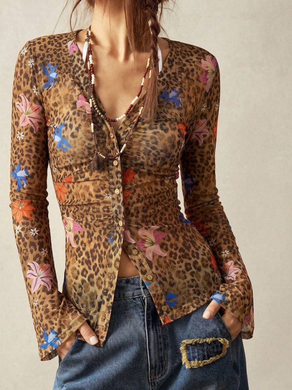 Brown Boho Casual Women's Floral Leopard Graphic Vacation Top